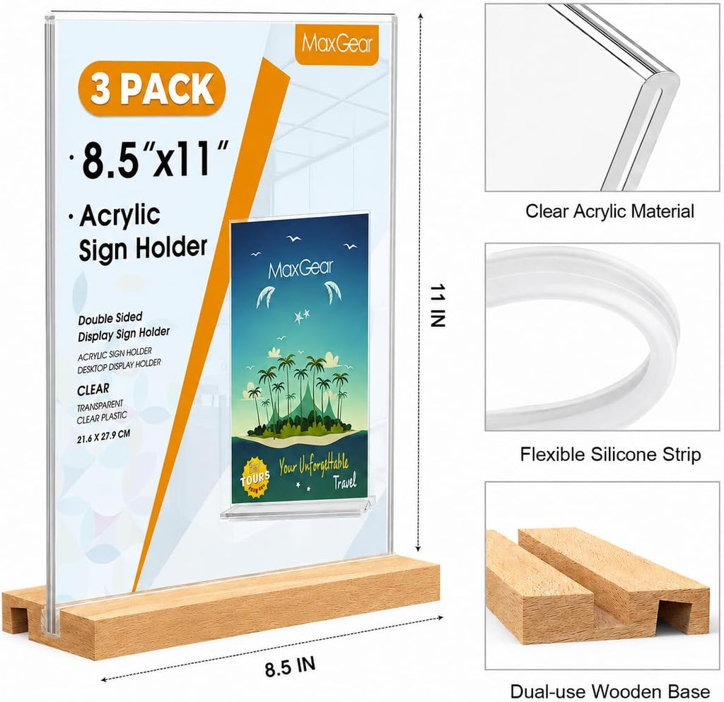 Acrylic Sign Holder with Wood Base 8.5"x11" T/L Display, 3 Pack | Easy Sign Replacement, Clear Acrylic Visibility