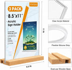Acrylic Sign Holder with Wood Base 8.5"x11" T/L Display, 3 Pack | Easy Sign Replacement, Clear Acrylic Visibility