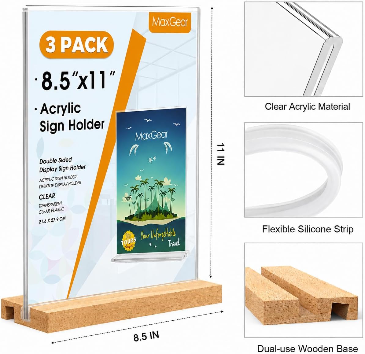 Acrylic Sign Holder with Wood Base 8.5"x11" T/L Display, 3 Pack | Easy Sign Replacement, Clear Acrylic Visibility