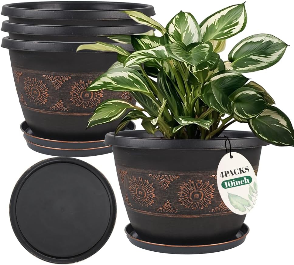 10 Inch Retro Plant Pots 4 Pack with Drainage and Saucers Copper | Copper retro PP pots with drainage holes and