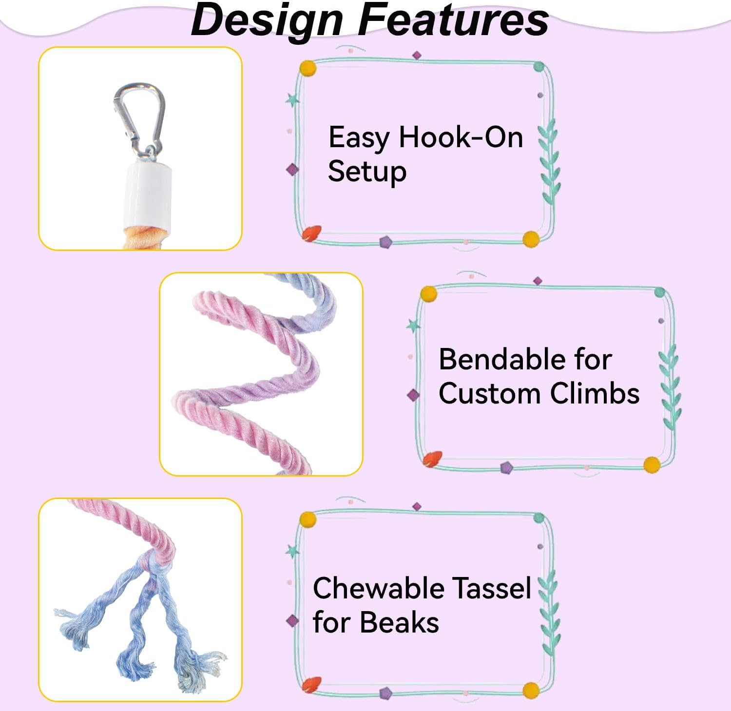 31.5" Bendable Bird Perch Cotton Rope Rainbow Bird Toy Twistable Ladder Swing Chewable Gym for Parakeets Cockatiels