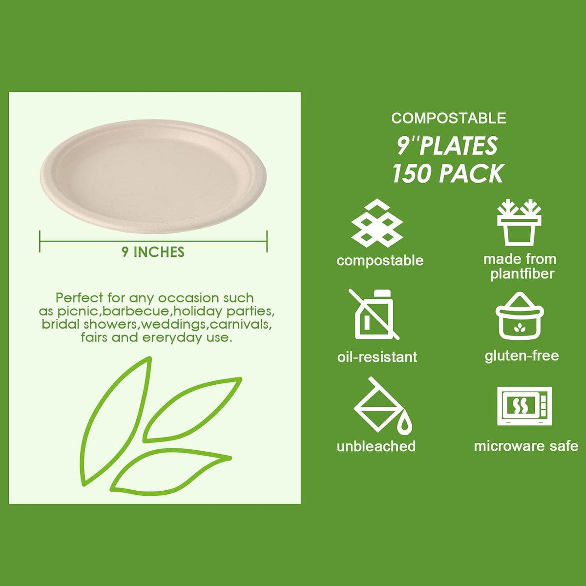 150 Pack Compostable Bagasse Paper Plates 9 inch, Nature