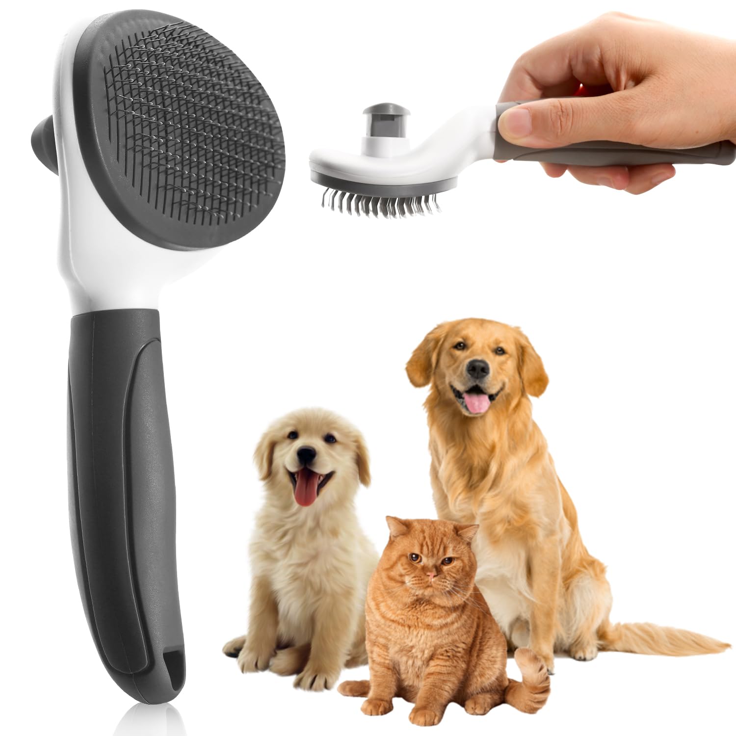 Self Cleaning Slicker Brush with release button for cat, dog, small and large pets, shedding and grooming, massaging