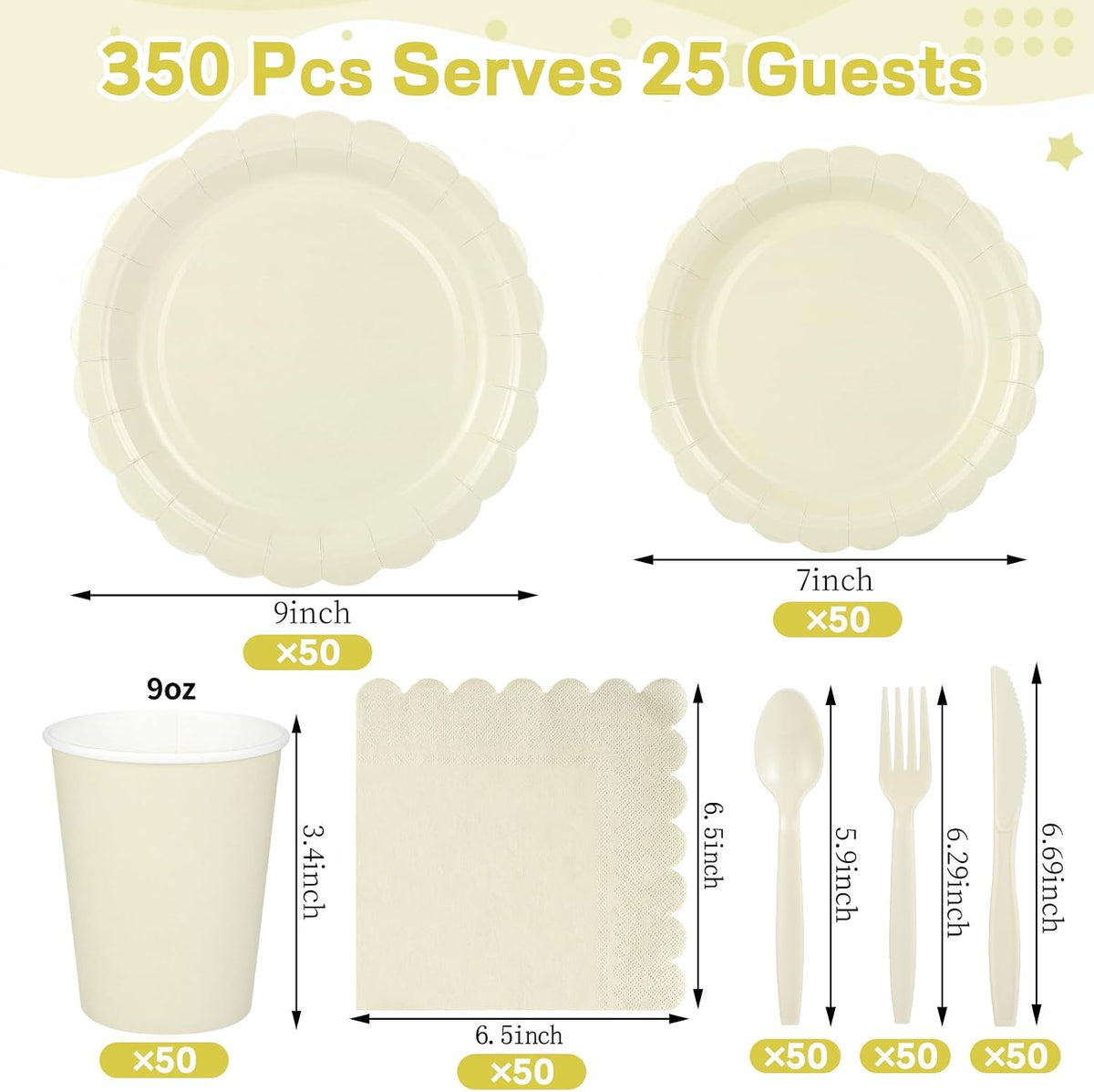 50 Set Disposable Dinnerware Sets Ivory Scalloped Plates Napkins