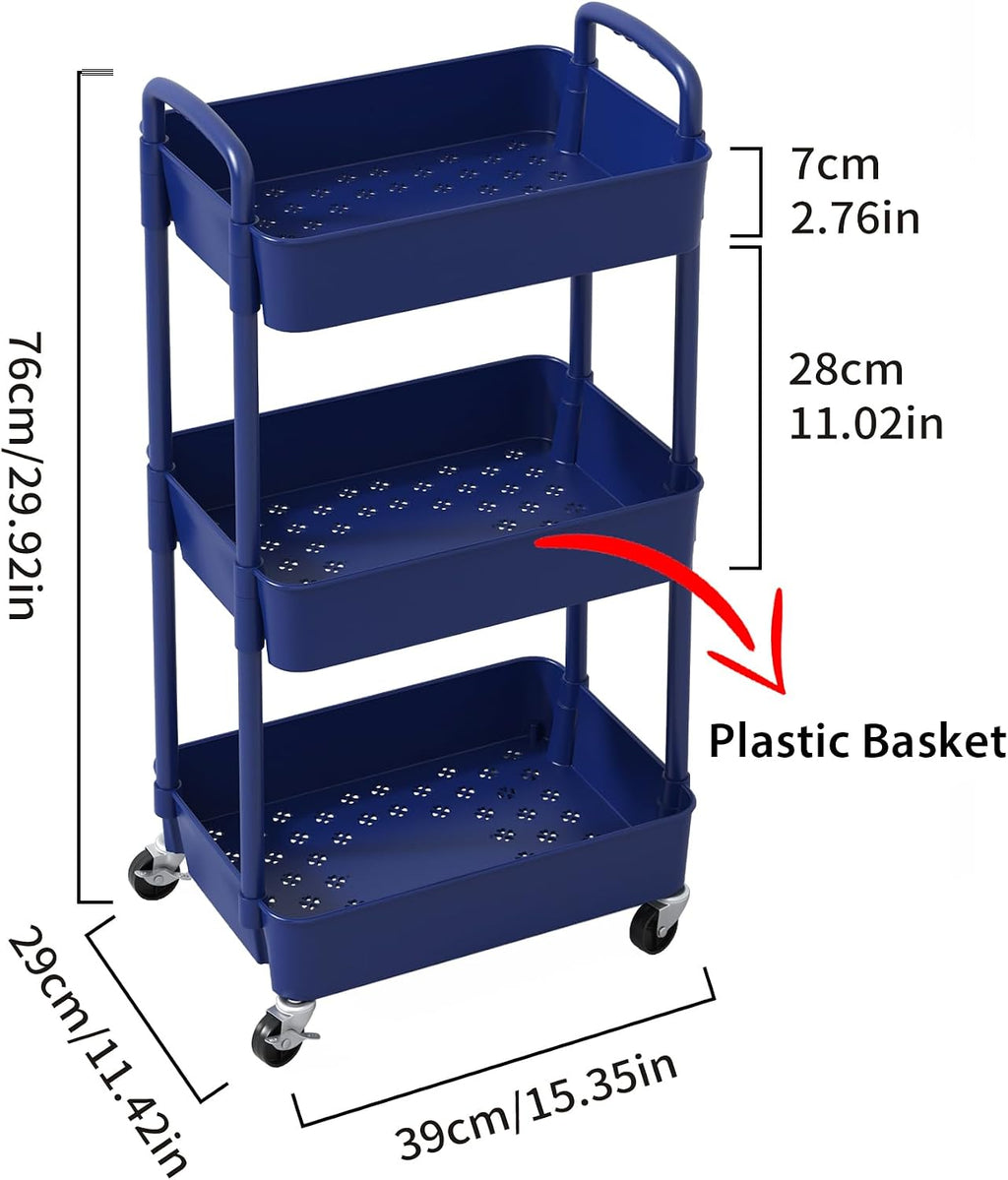 3-Tier Plastic Rolling Utility Cart with Wheels for Storage,Blue
