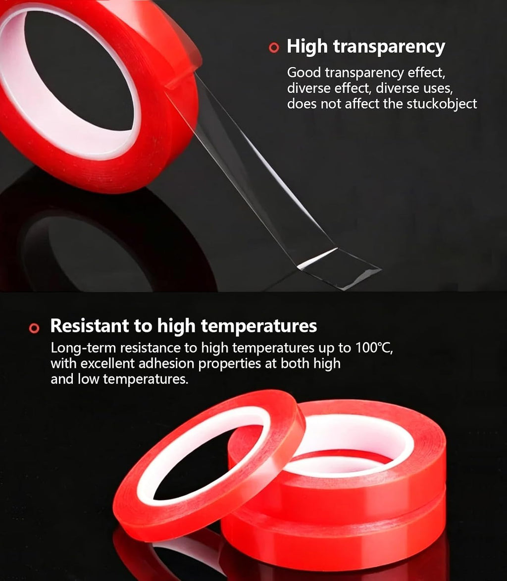 2 Rolls 5/8" Red Liner Clear Double Sided PET Tape 15mm x 25M