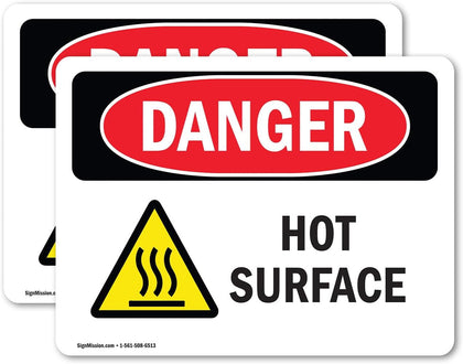 (2 Pack) Hot Surface OSHA Danger Sign 7 Inch X 5 Inch Vinyl Label Decal Sticker Weather Resistant, UV Protected for