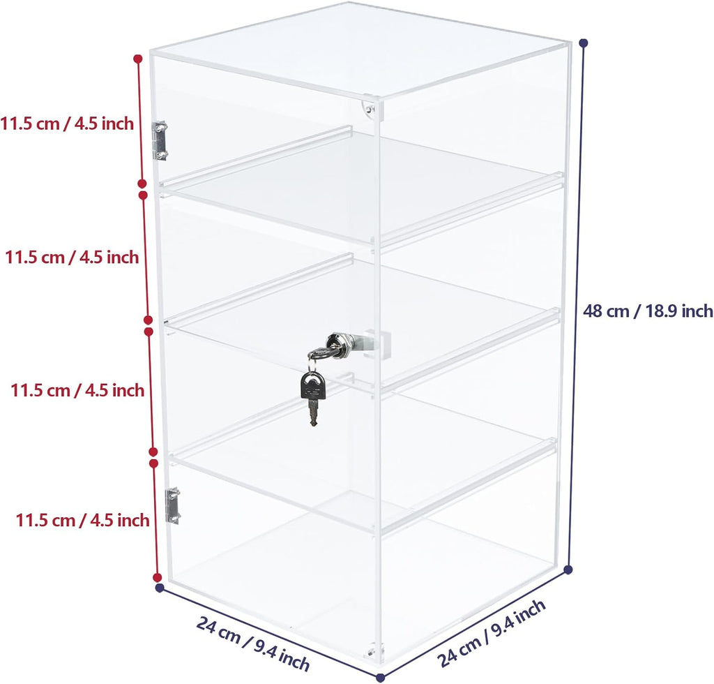 4 Shelf Acrylic Display Case with Lock Key, Clear Locking Display Case Showcase Cabinet with Removable Shelves - Safe