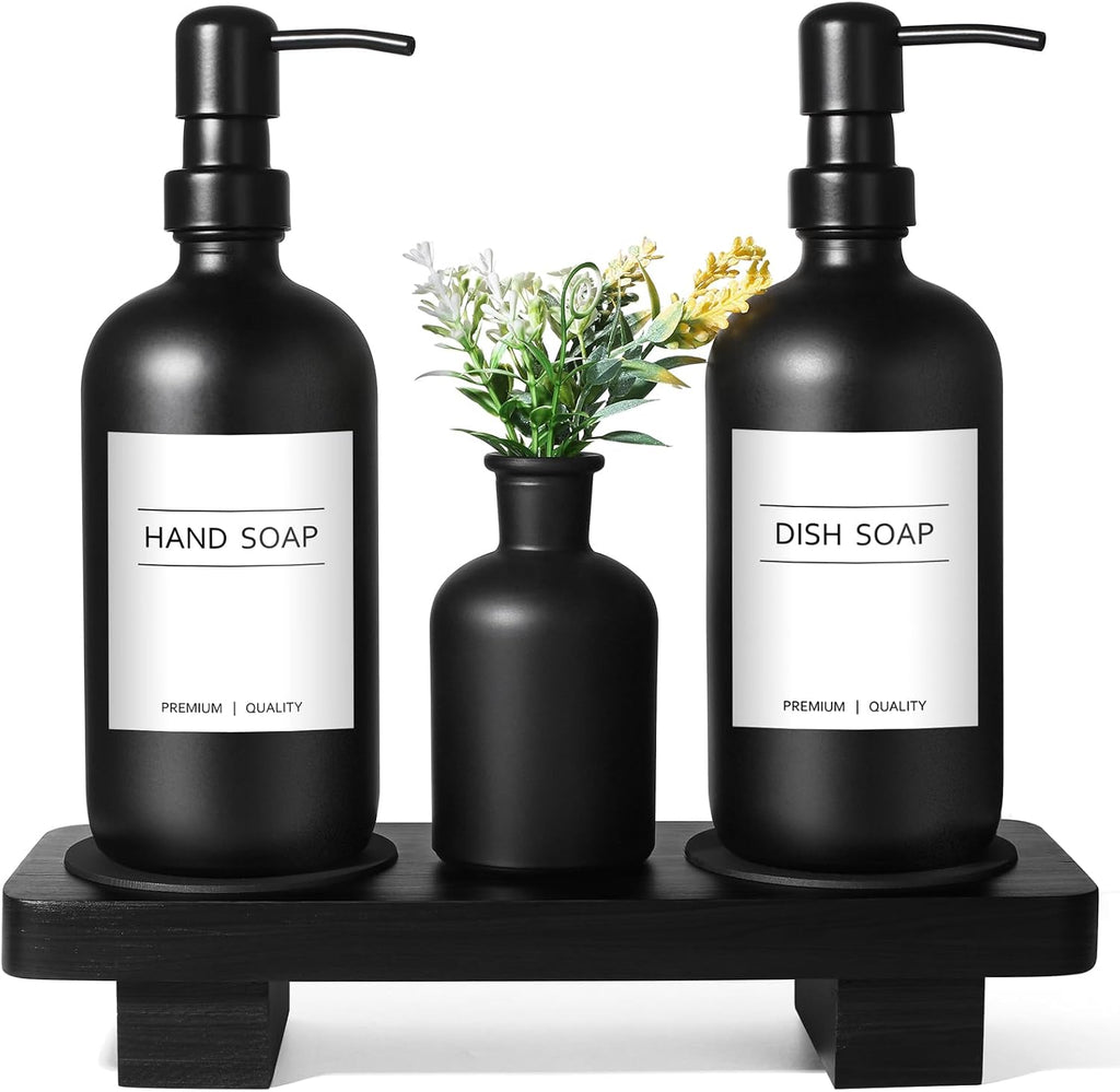 Dish Soap Dispenser for Kitchen, Black Hand Soap Dispenser with Stainless Steel Pump, Kitchen Soap Dispenser Set with