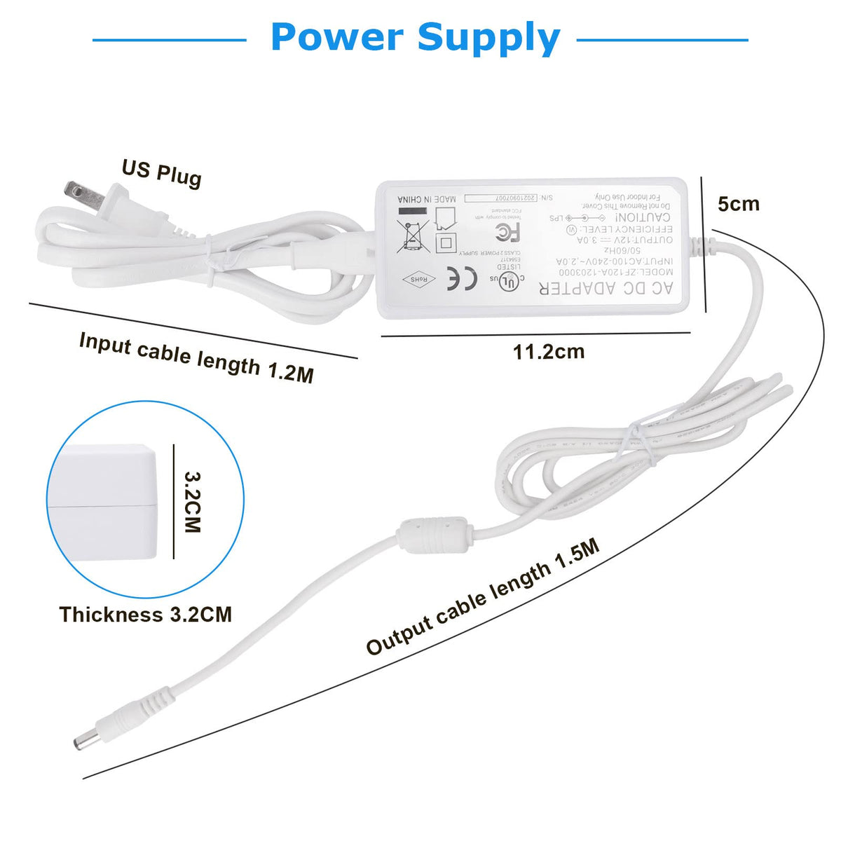 12VDC 3A 36W LED Power Supply/Transformer, UL Class 2, White