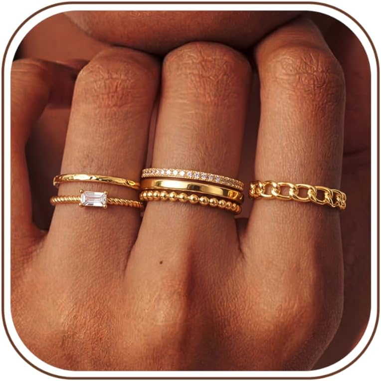 6PCS Stackable Rings for Women Non Tarnish Waterproof Gold Plated Silver Color Square Cubic Zirconia Ring Set Dainty