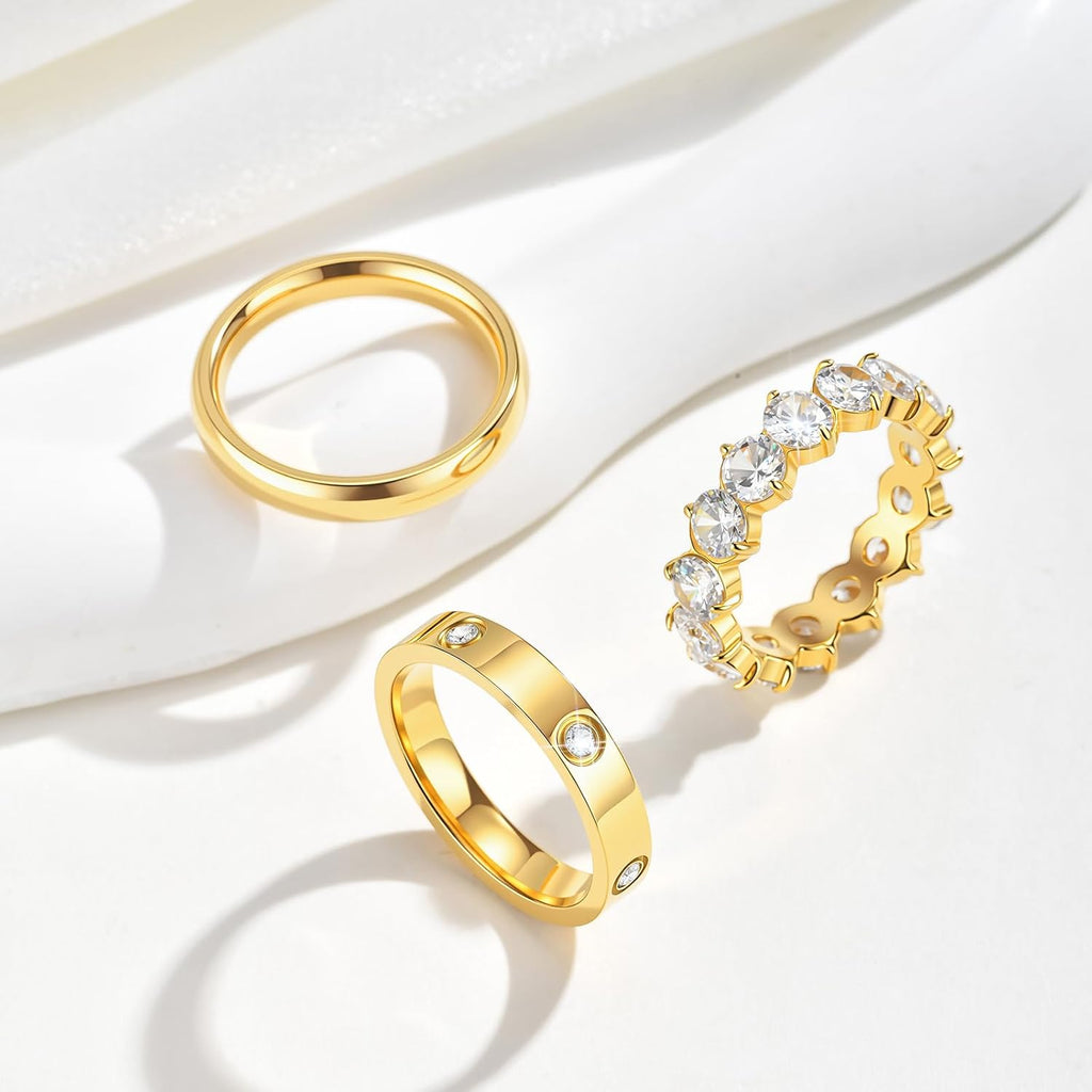 Stackable Gold Rings for Women - 3Pcs 18K Gold Plated Ring, Stainless Steel Cubic Zirconia Bands, Waterproof
