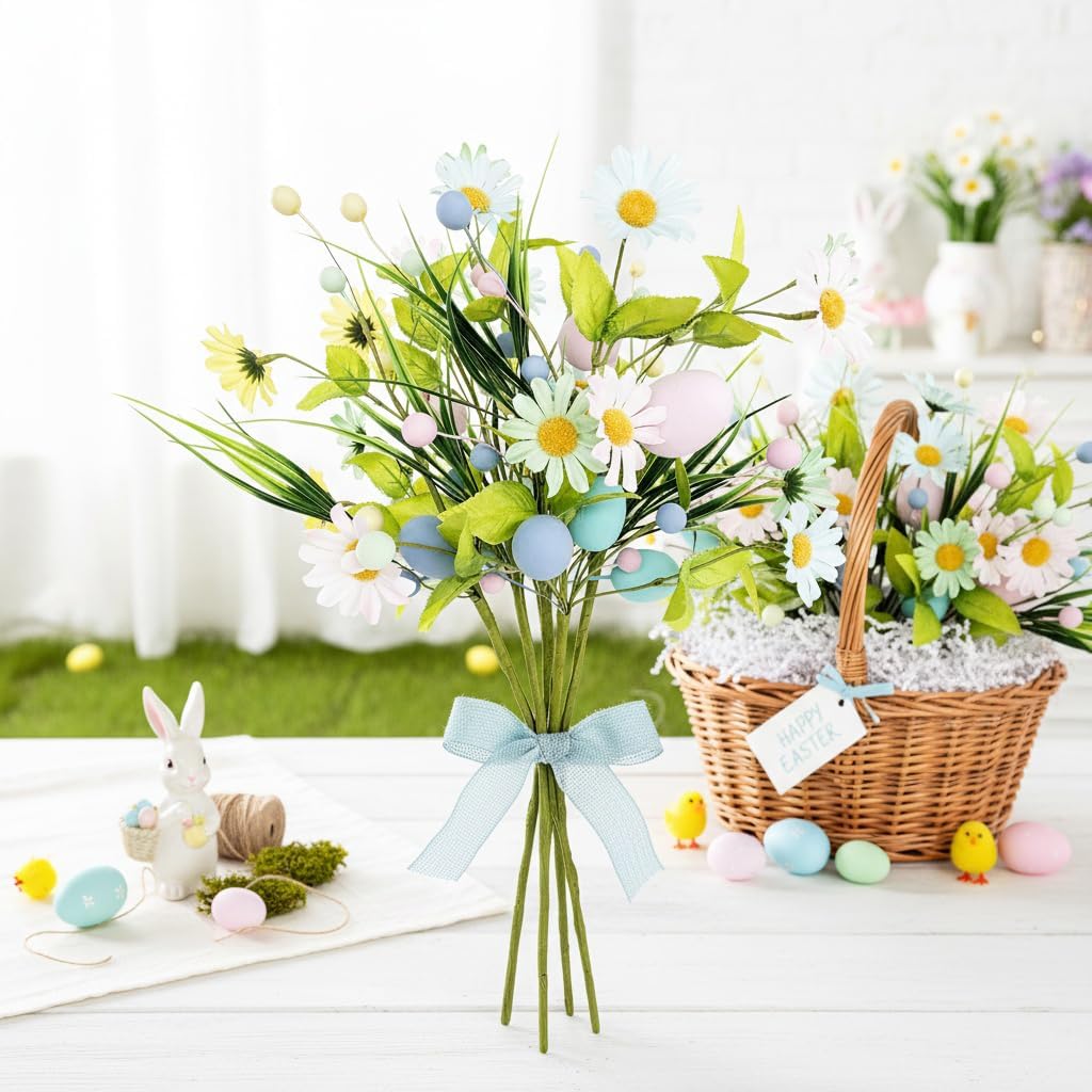 Easter Artificial Flowers with Eggs, 6 Pcs Spring Floral Arrangement | Includes Wildflowers Stems, Silk Daisies &