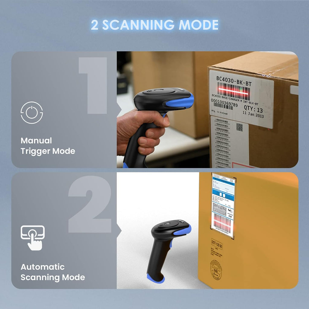 1D 2D Barcode Scanner Wireless Bluetooth Handheld Cordless | QR Bar Code Reader, 2500mAh, USB Wired