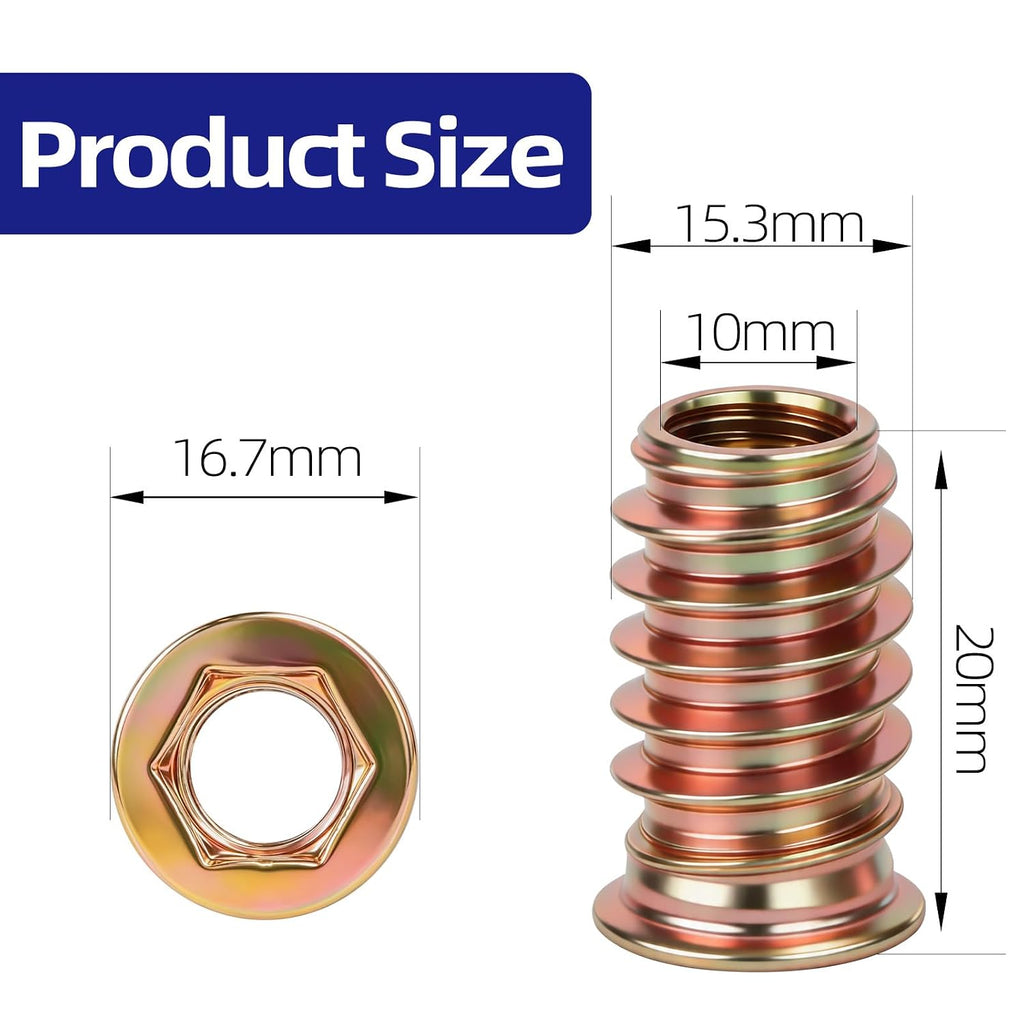 M10 x 20mm Threaded Inserts for Wood, Zinc Plated Carbon Steel Hex Socket Drive Insert Nuts for Wood Furniture, Hex Spanner Included, 15 PCS