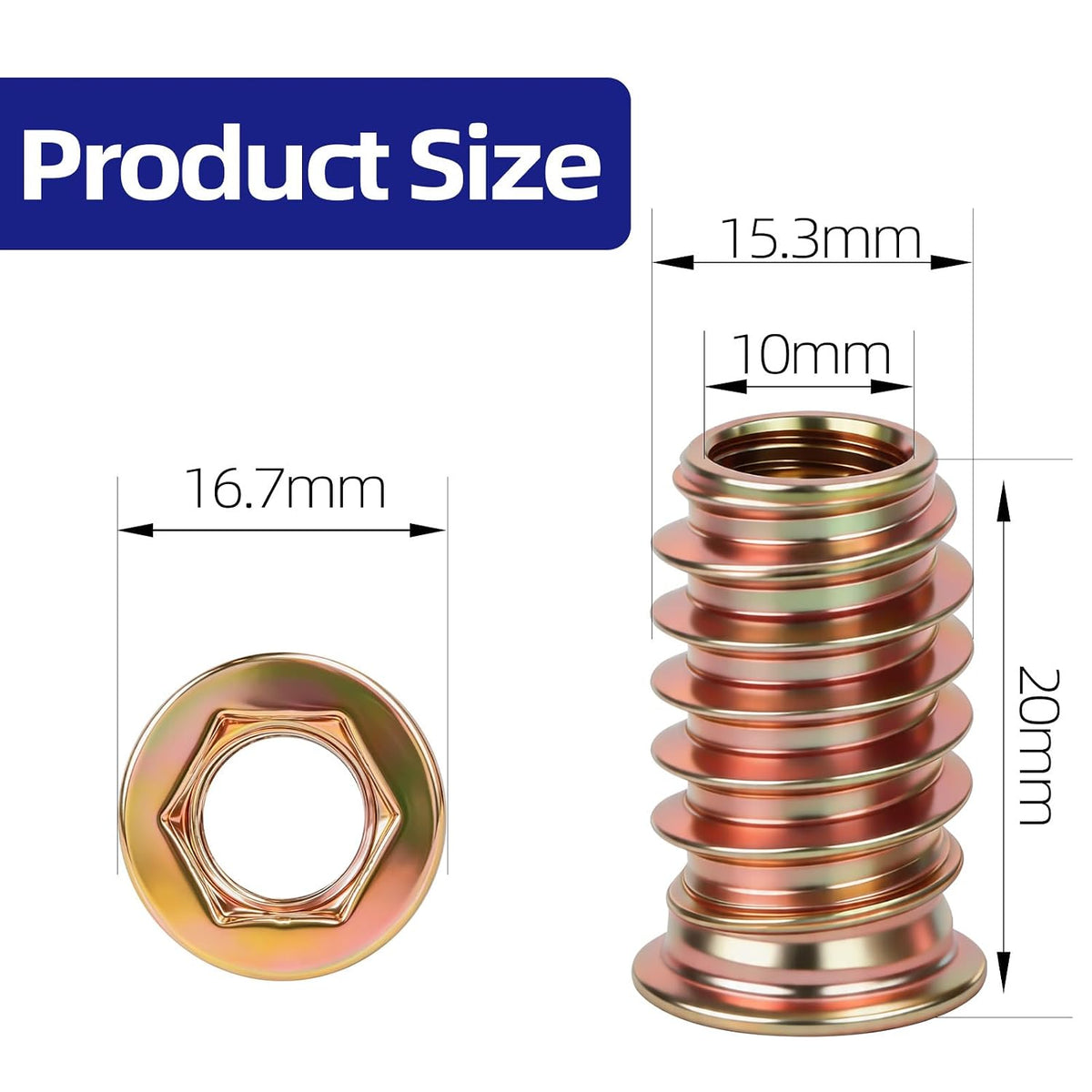 M10 x 20mm Threaded Inserts for Wood, Zinc Plated Carbon Steel Hex Socket Drive Insert Nuts for Wood Furniture, Hex Spanner Included, 15 PCS
