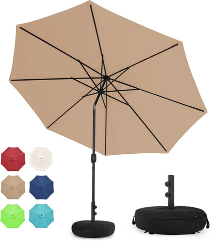 10 ft Patio Umbrella with Sand Bag Umbrella Base Included, Outdoor Umbrella with Tilt and Crank, Tan