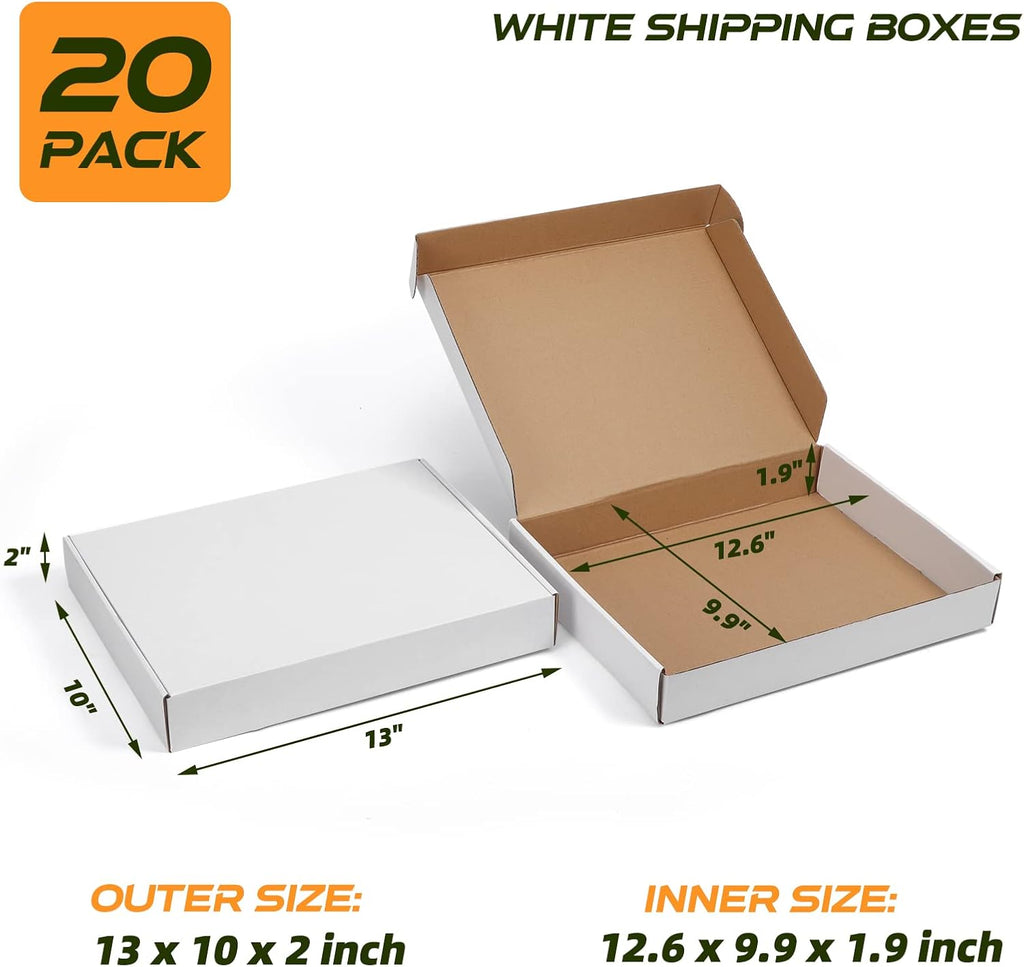 13x10x2 White Shipping Boxes, 20 Pack Corrugated Cardboard Box for Mailing Packing Mailer