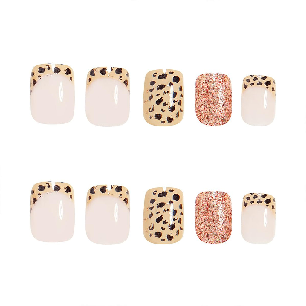 Fall Press On Nails Short Square with Leopard Golden Glitter
