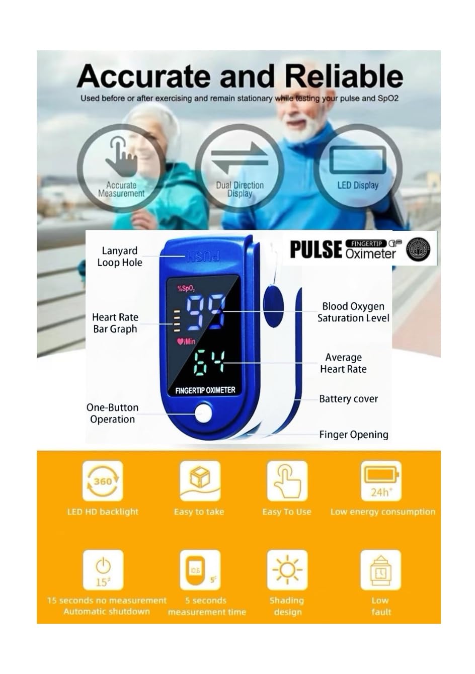 Finger Pulse Oximeter Larger Display Blood Oxygen Monitor with Batteries and Lanyard Included Fingertip Pulse