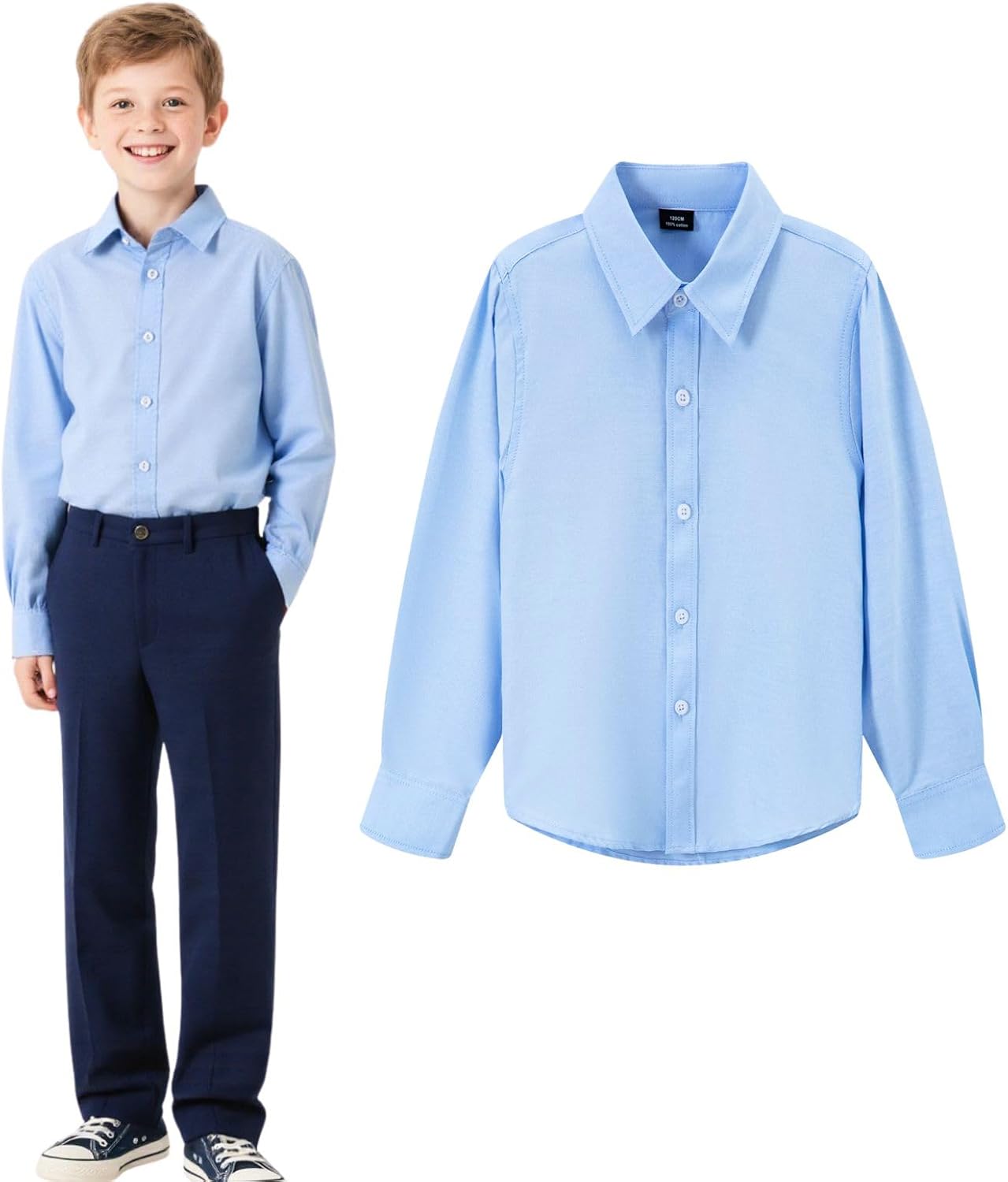 Boy School Uniform Shirt Kids Classic White Blue Long Sleeve Button Down Dress Shirt Ages 5-16