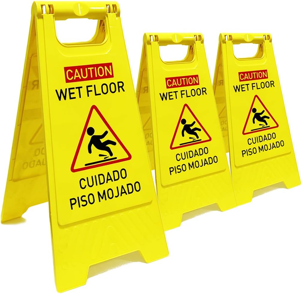 3-Pack Caution wet floor sign, 24 in. (approx. 60 cm) Height,Bright Yellow Double-Sided Folding A-Shaped Frame
