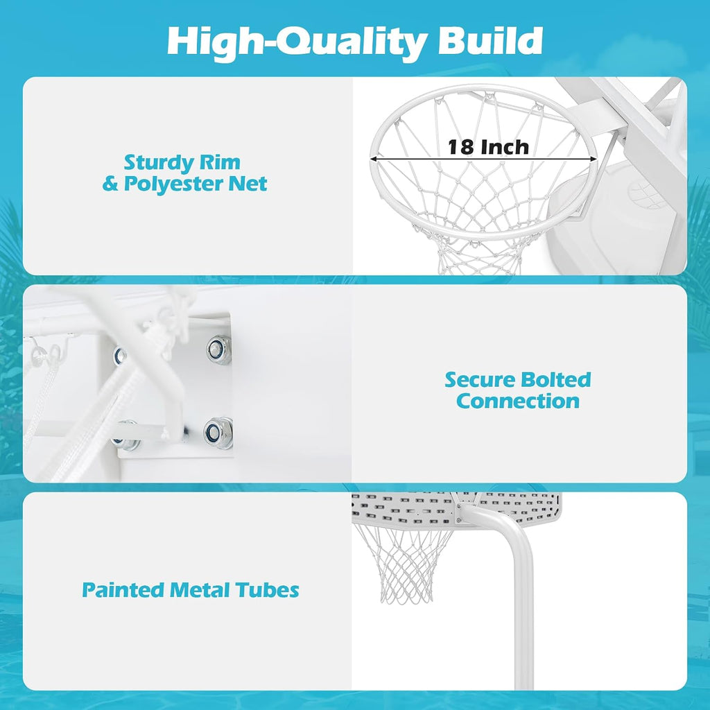 Pool Basketball Hoop w/42'' PC Backboard, 2 Balls, Pump | Shatterproof Outdoor Swimming Poolside Basketball Goal