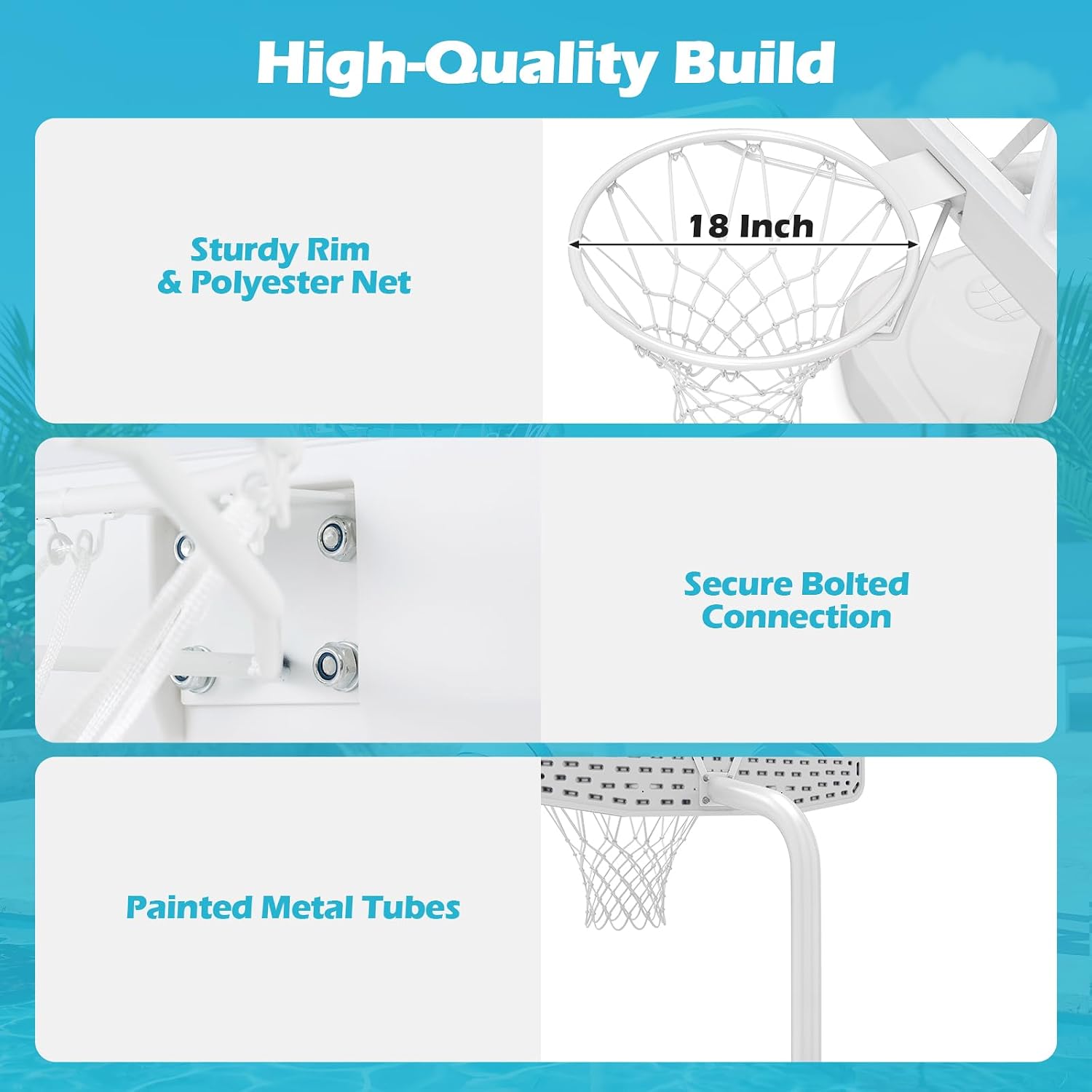 Pool Basketball Hoop w/42'' PC Backboard, 2 Balls, Pump | Shatterproof Outdoor Swimming Poolside Basketball Goal