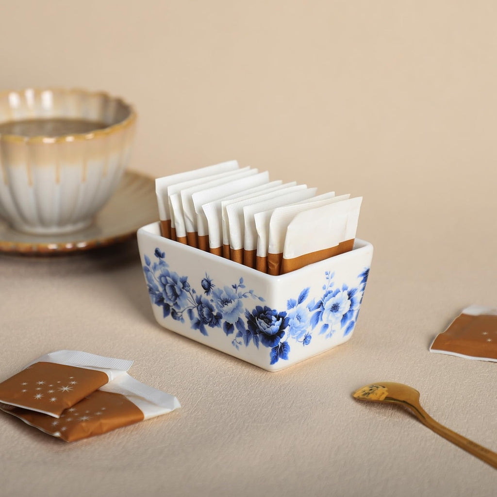 2 Pcs Blue and White Porcelain Sugar Packet Holder Tea Bag Bowl, 5 Oz