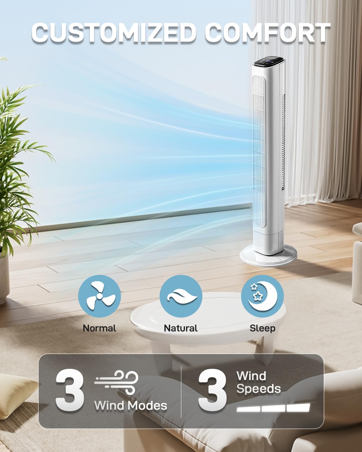 36" Bladeless Tower Fan for Cooling Home Office Bedroom, White