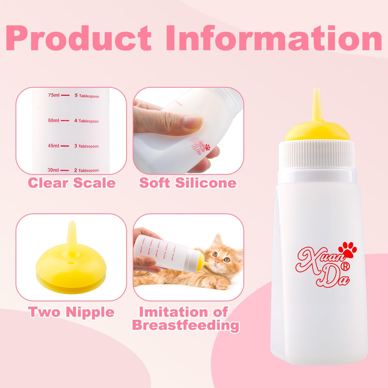 Kitten Bottle Feeding kit with Feeding Nipple and Syringe, Soft Silicone Nursing Pet Feeding Bottle, Ventilation