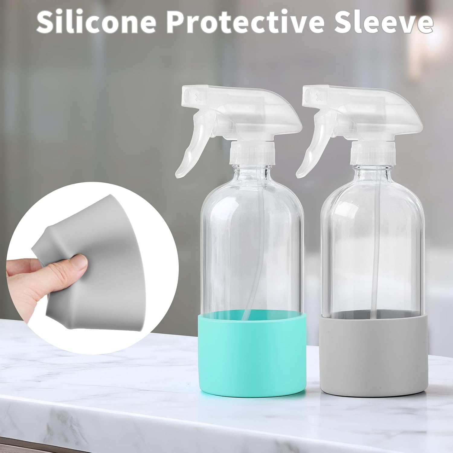 Glass Spray Bottles (2-Pack) with Silicone Sleeve - 16oz Empty Refillable Bottles - Adjustable Nozzle for Hair