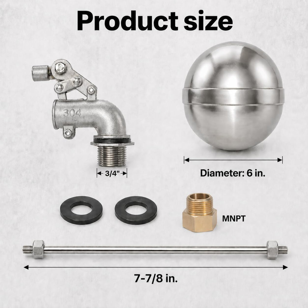 Stainless Steel Float Valve, 3/4" NPT Automatic Water Level Control Valve with 6" Float Ball, Adjustable Rod for