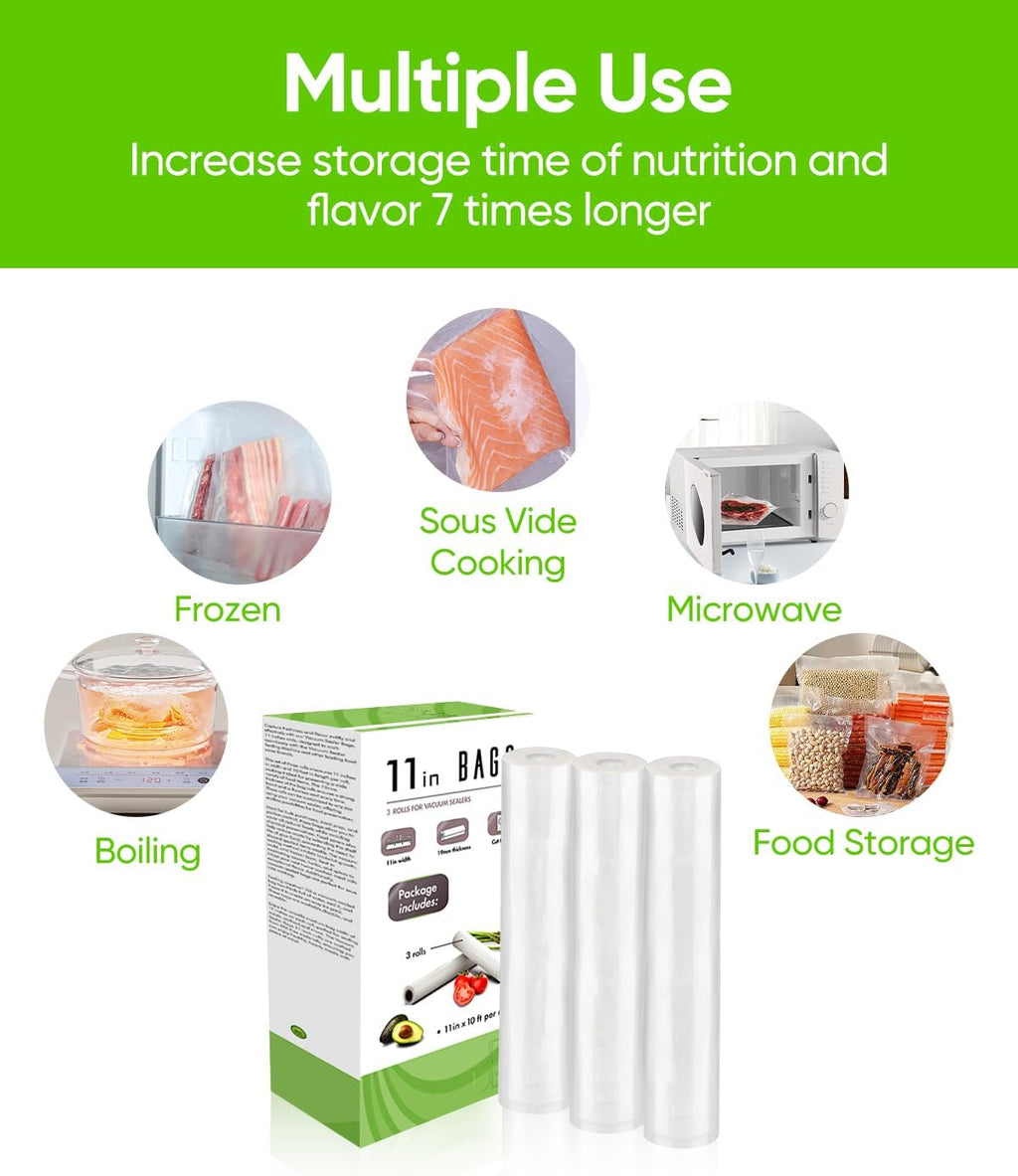 Vacuum Sealer Bags for Food, Food Saver Space Saver Vacuum Storage Bags, 3 Rolls 11” x 10', BPA Free, Heavy-Duty