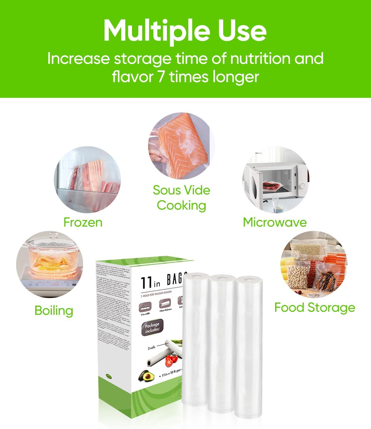 Vacuum Sealer Bags for Food, Food Saver Space Saver Vacuum Storage Bags, 3 Rolls 11” x 10', BPA Free, Heavy-Duty