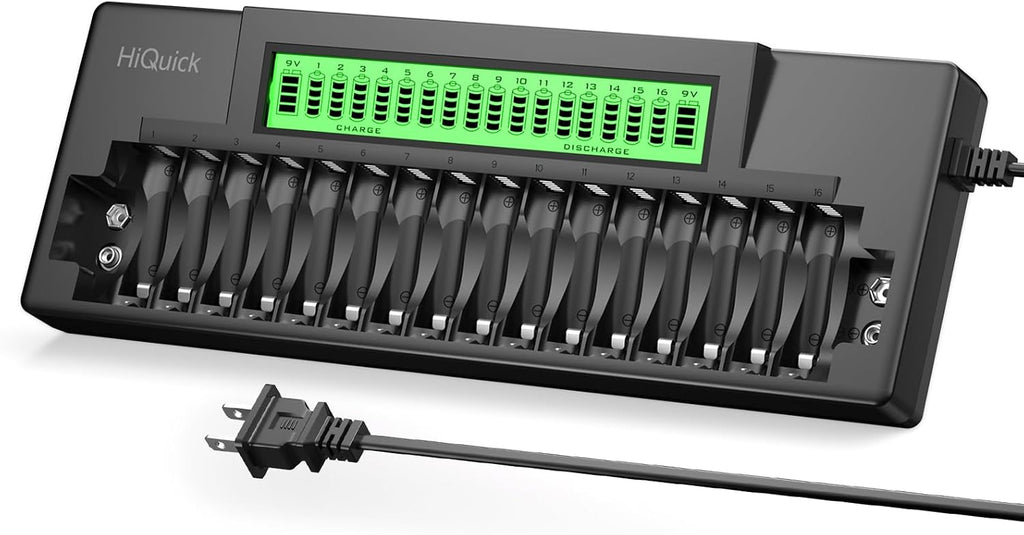 16+2 Bay Battery Charger, Fast Charge for AA AAA 9V NiMH/NiCD, LCD | Charge up to 16 AA/AAA & 2 9V batteries at once，
