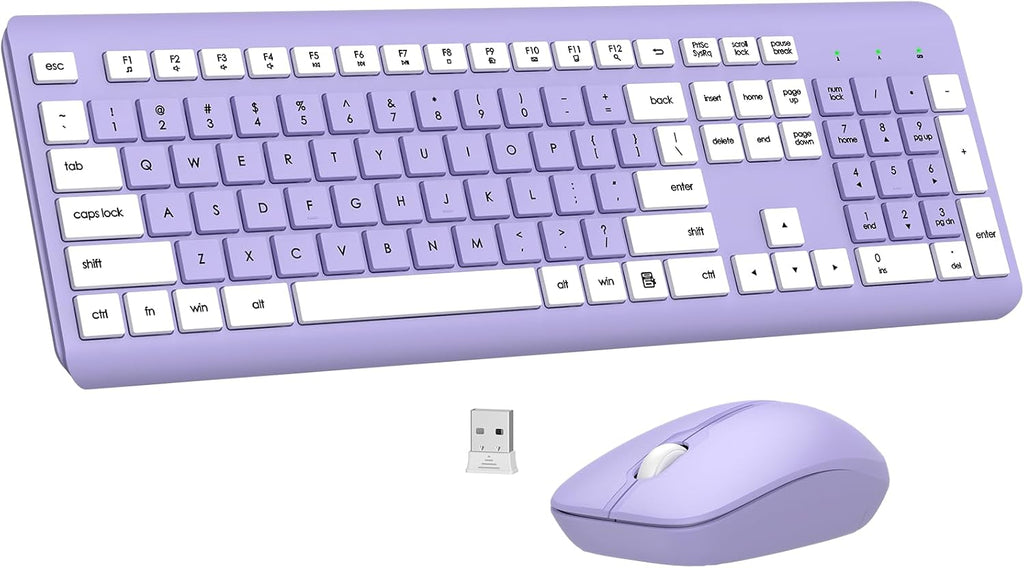 Wireless Keyboard and Mouse Combo, MK258 Full Size Silent Keyboard (Purple) | Silent for Home Office, Optical Mouse