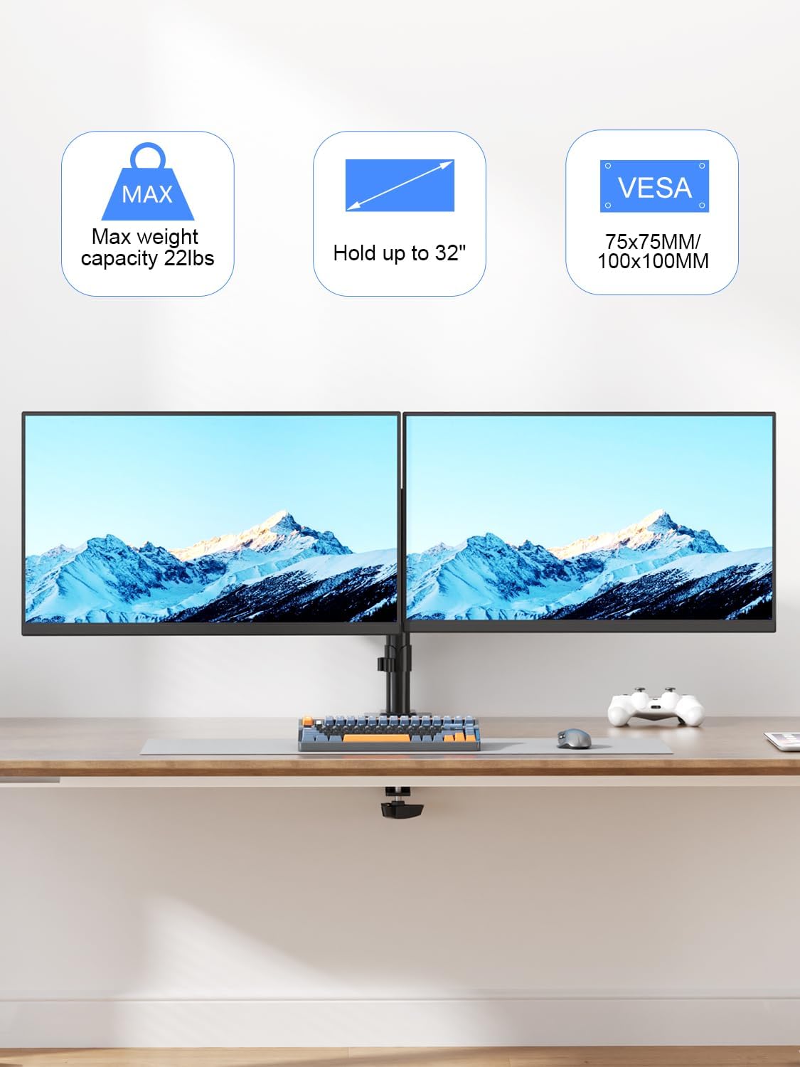Dual Monitor Desk Mount, Adjustable Dual Monitor Arm for 2 Computer Screens up to 32 inch, Dual Gas Spring Monitor
