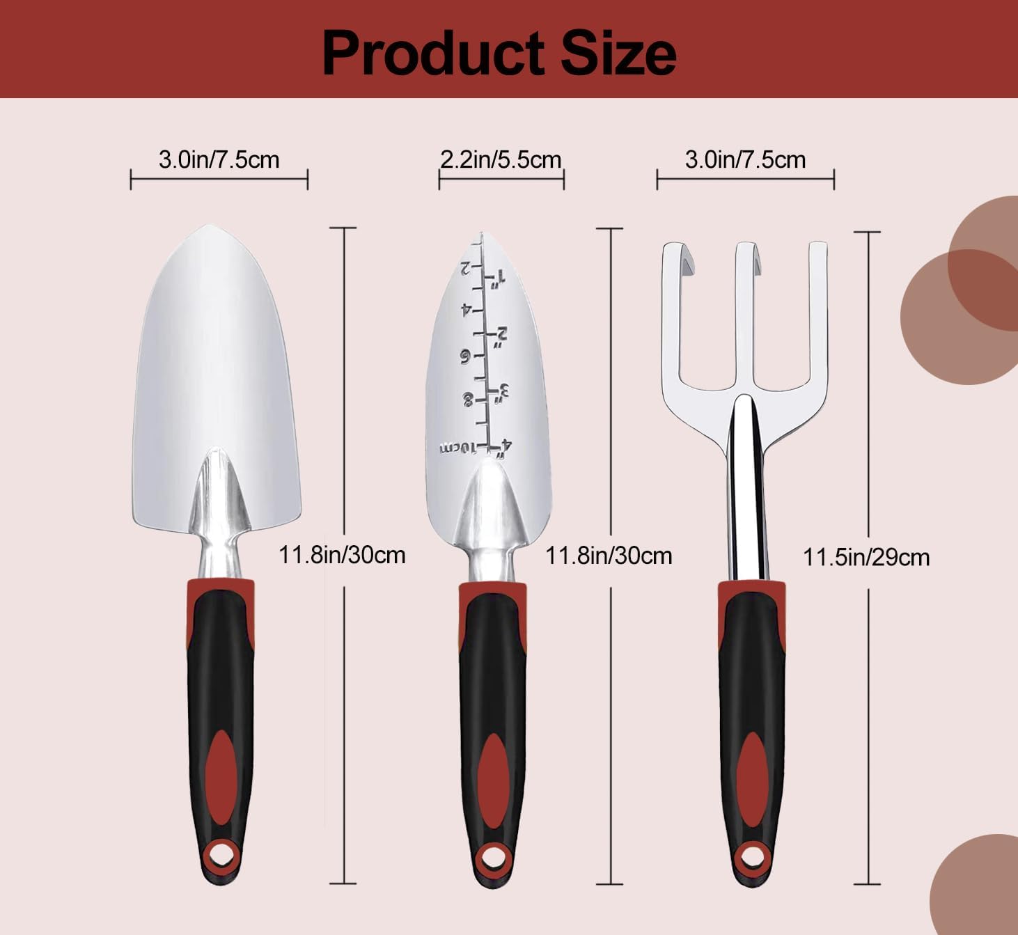 Garden Tool Set, 3 Piece Gardening Tools Includes Garden Trowel, Transplant Trowel and Hand Rake with Non-Slip