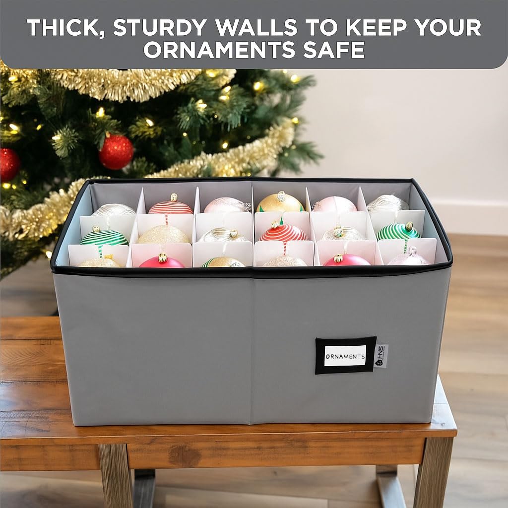 Christmas Ornament Storage Container with Dividers - Box Stores Up to 54 Ornaments, Zippered, Convenient, Adjustable