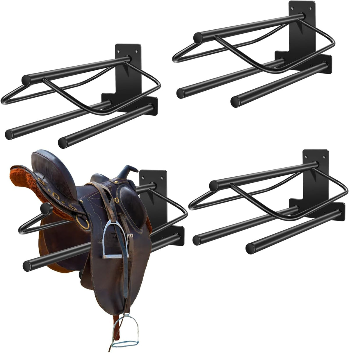 4 Sets Wall Mounted Saddle Rack With Double Pad Bar - Heavy Duty Stand for English and Western Saddles