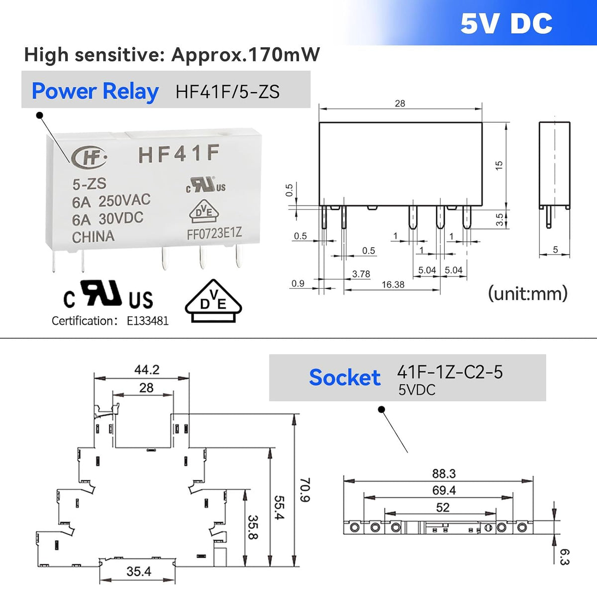 3 Pcs Miniature 5 Volt DC Relay HF41F/5-ZS 5 Pin 1NO 1NC 6A SPDT with LED Indicator, Socket Base and DIN Rail Module