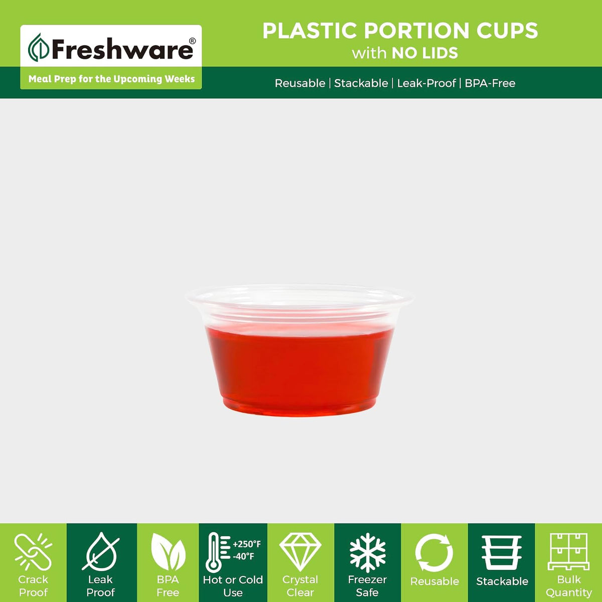 Plastic Portion Cups (No Lids) [2 Ounce, 250 Count] Disposable Plastic Cups for Meal Prep, Salad Dressing, Jellos