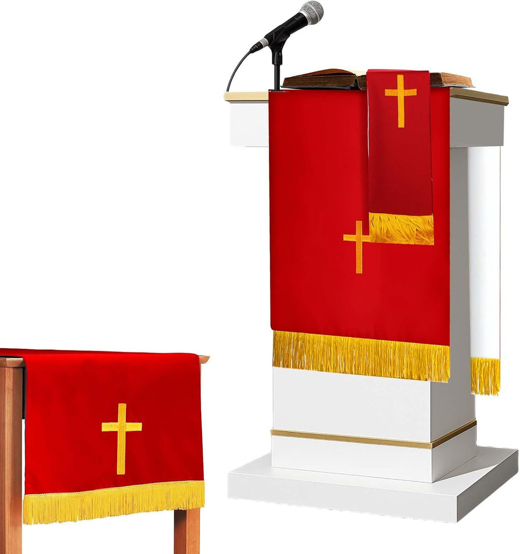 Set of 3 Reversible Parament Set,Pulpit Scarf and Communion Table Runner Bible Bookmark with Embroidered Cross Church