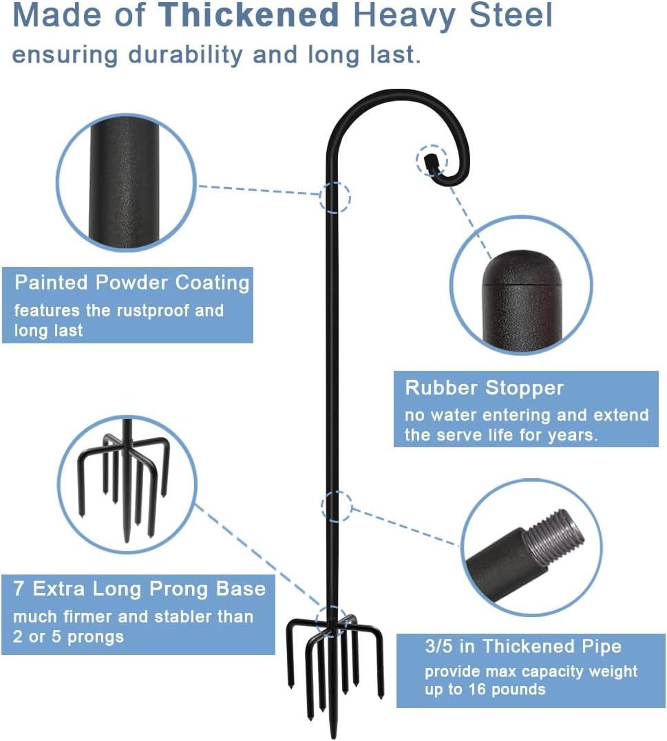 92 inch Outdoor Shepherd Hook with Upgraded 7 Prong Base (1 Pack), Adjustable Heavy Duty Garden Hanging Stake for