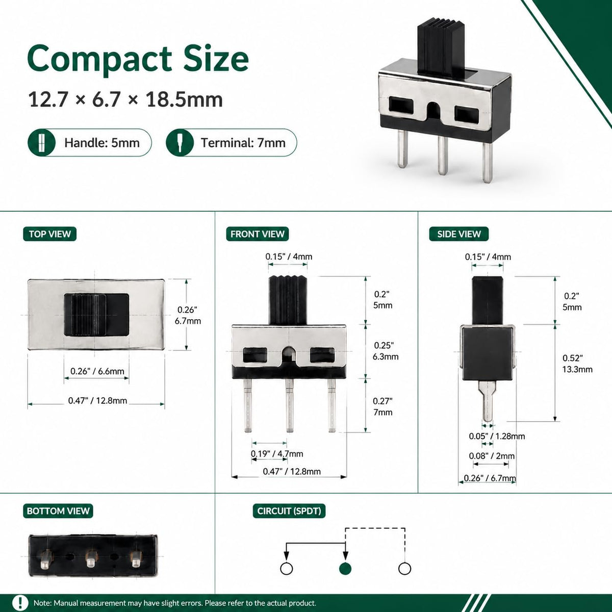 20PCS SPDT Micro Slide Switch, 3 Pin 2 Position 5mm Vertical Switch