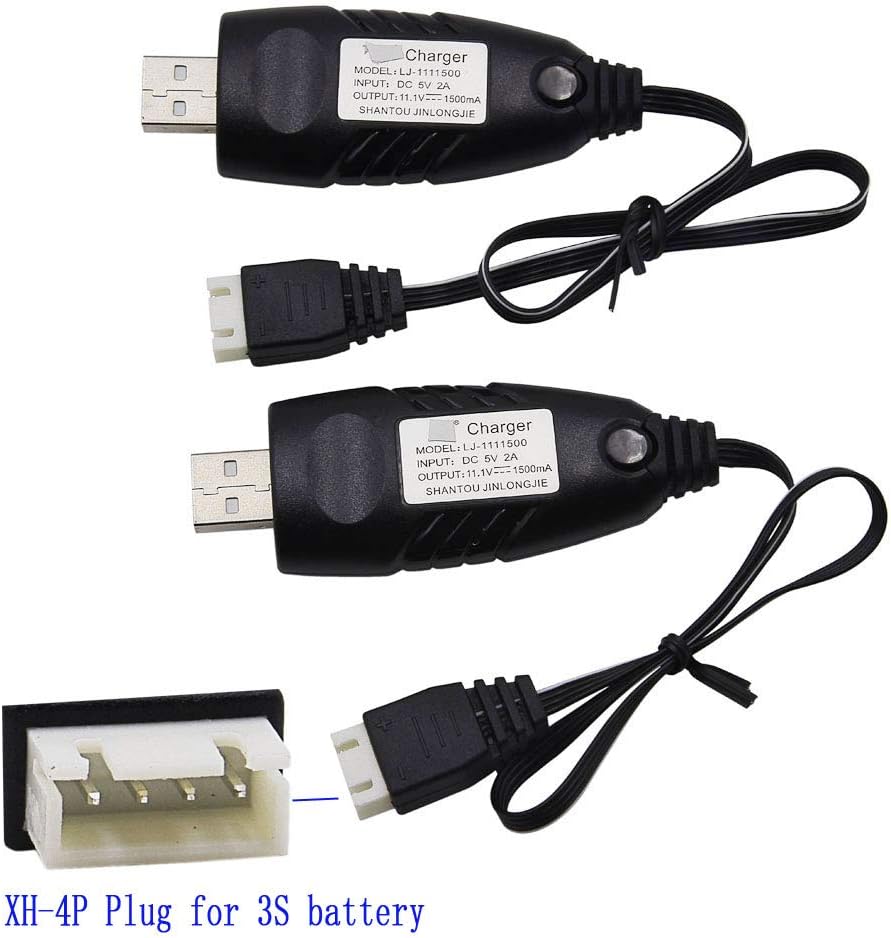 2 Pack 3S 1.5A Lithium Charger Cable Suitable for RC Car Boat Airplane Drone Airsoft 3 Cell Lipo Battery / 11.1V USB