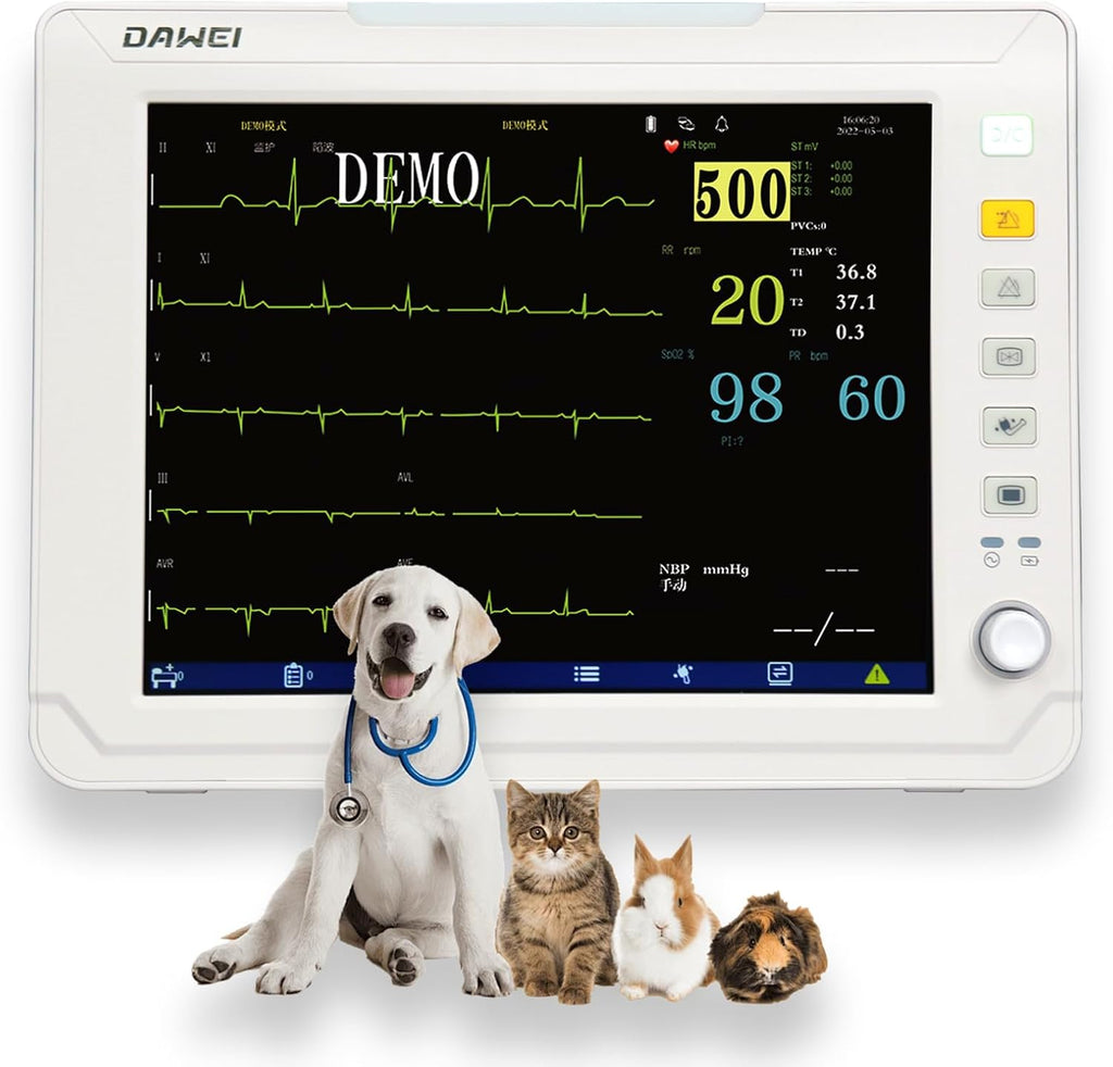 12.1" Veterinary Vital Signs Monitor for Pets, Animal ECG, SpO2, Blood Pressure, Respiration & Temperature Monitoring