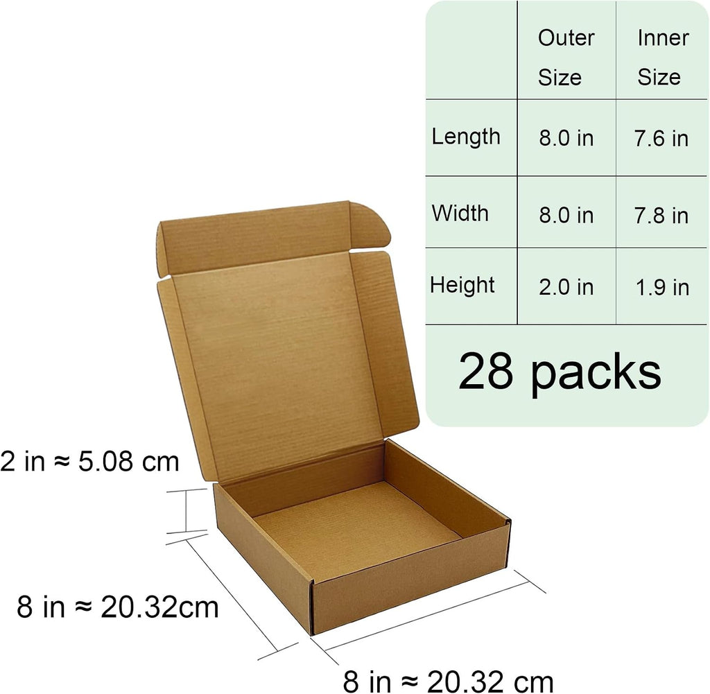8x8x2 inch Shipping Boxes, Bulk 28 Pack, Brown Corrugated Cardboard Mailers