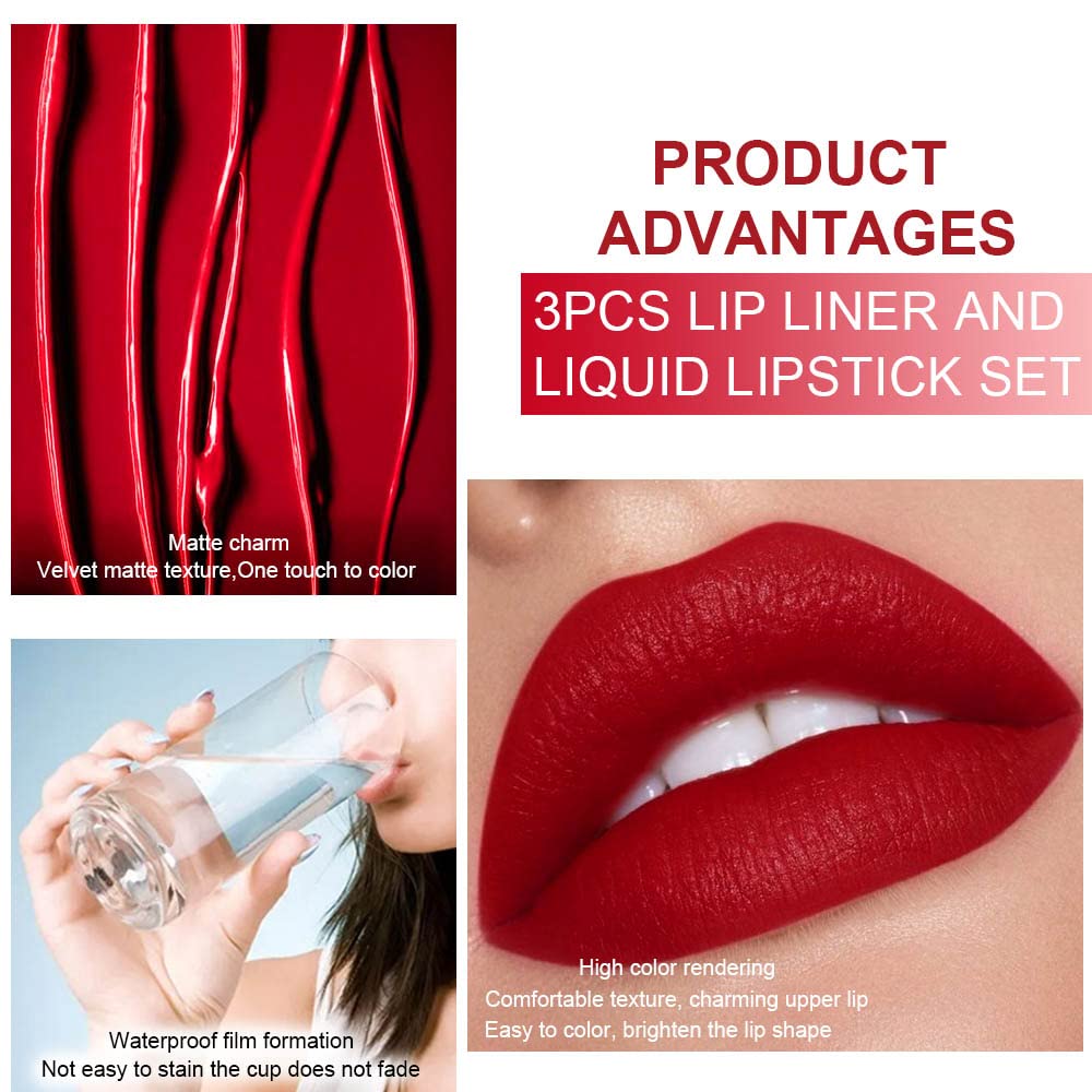 3Pcs Dark Brown Ruby Deep Red Matte Lip Liner Pencil and Liquid Lipstick Sets for Women Long Lasting Waterproof, 24